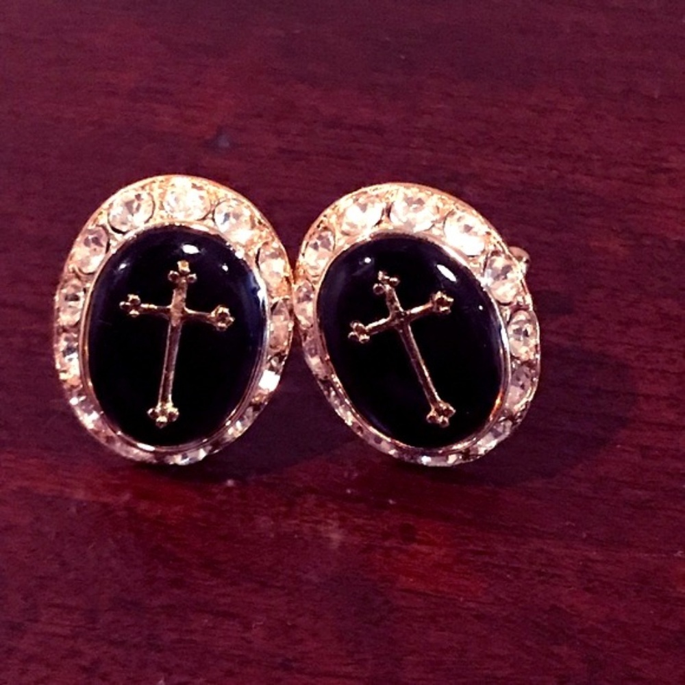Large Cross cuff links with shiny clear stones